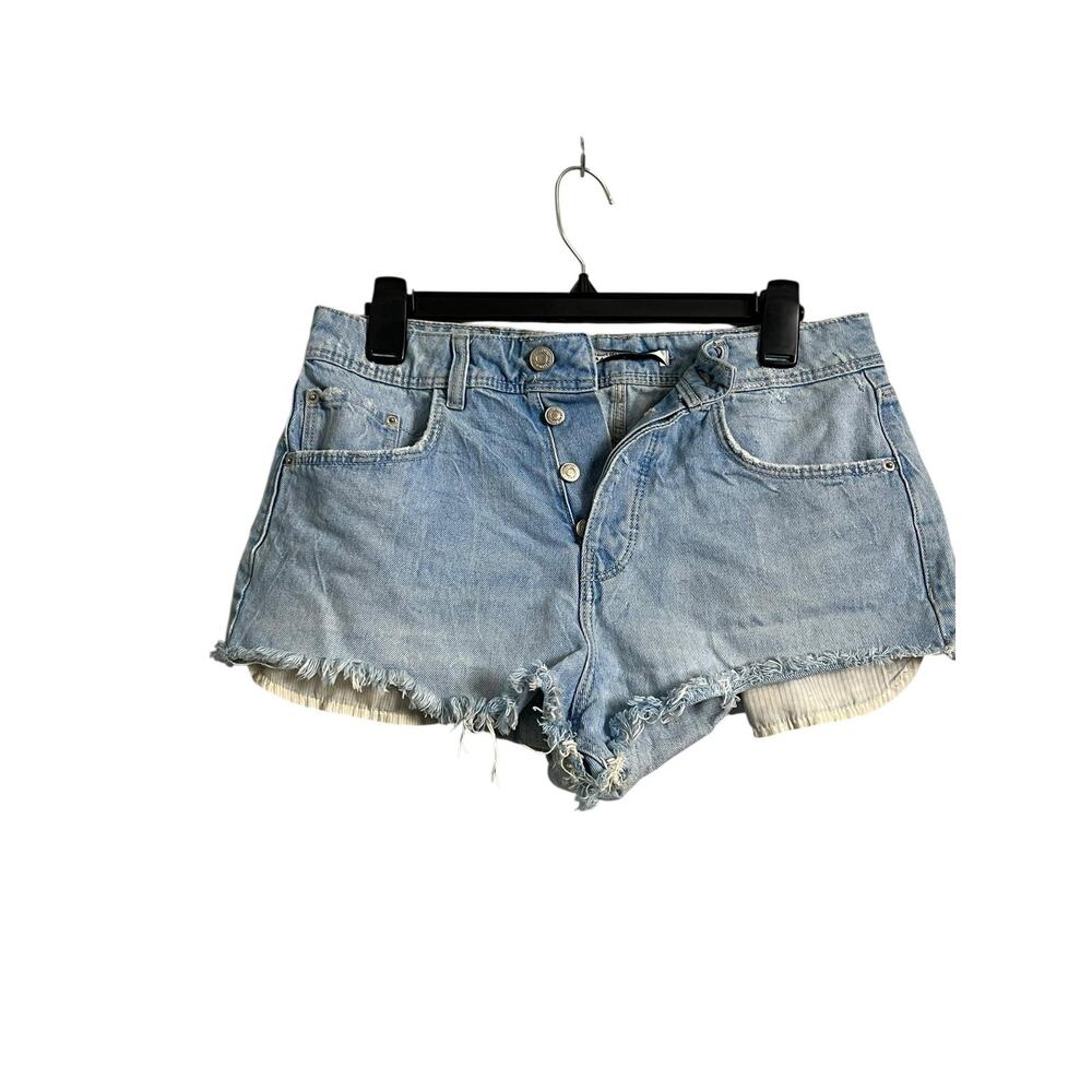 Zara Denim Cutoff Shorts Womens 6 Blue Button Fly Raw Hem Fringe Casual